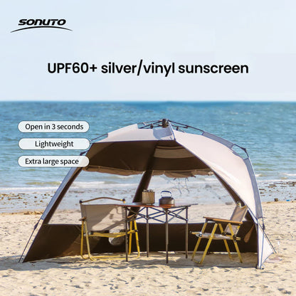 Sonuto Outdoor 3-4P One-Touch Camping Tent – Automatic Quick Open Beach, Fishing, Picnic & Family Travel Tent with Anti-UV Shade