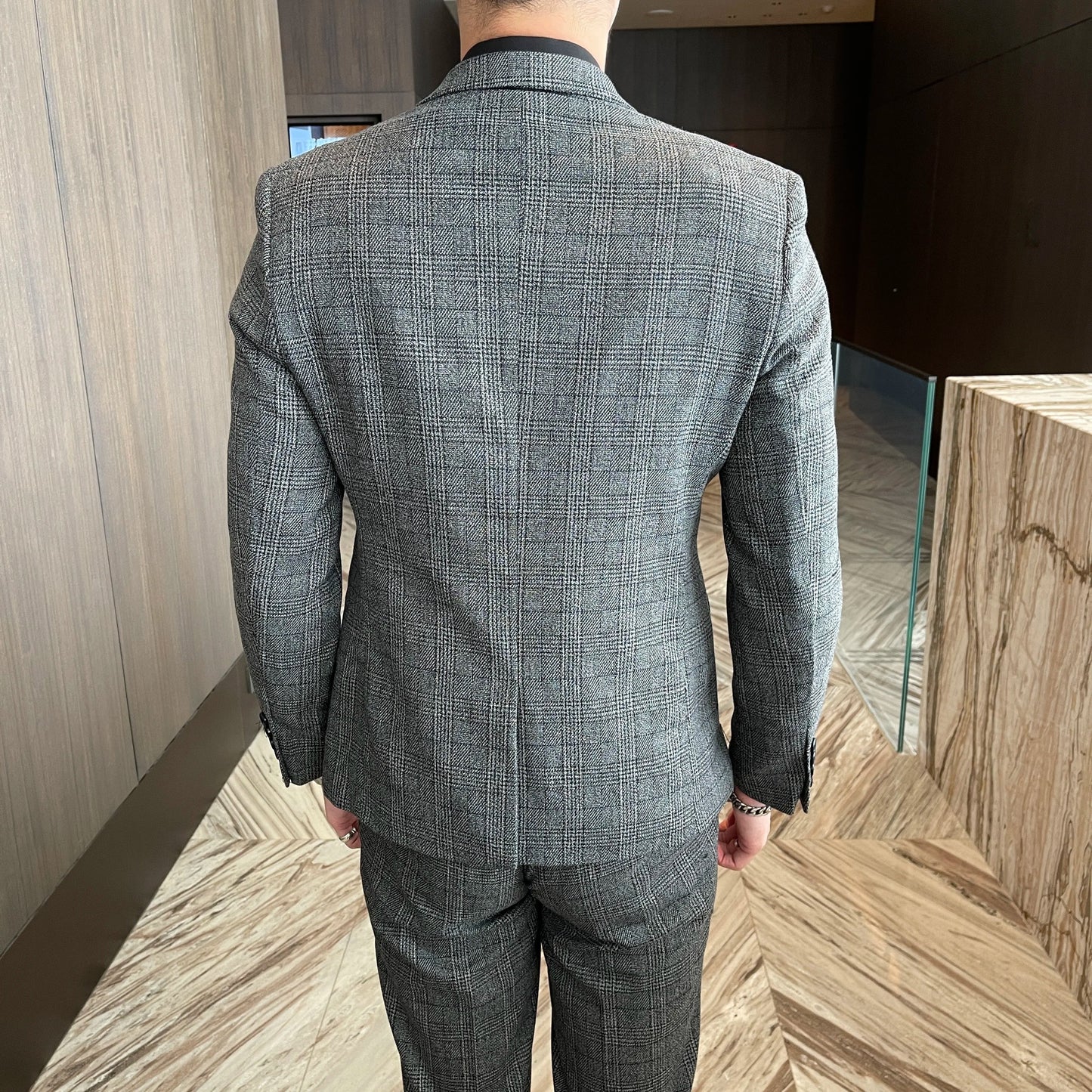 Men’s British Korean Plaid Three-Piece Suit – Stylish Business Casual Set with Blazer, Vest & Trousers