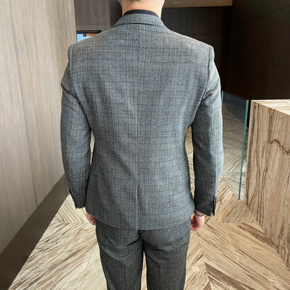 Men’s British Korean Plaid Three-Piece Suit – Stylish Business Casual Set with Blazer, Vest & Trousers