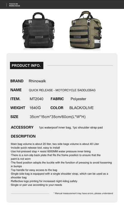 Rhinowalk Motorcycle Saddlebag 20L-30L – Universal Side Bag with Removable 100% Waterproof Inner Liner for Travel Motorbike Luggage