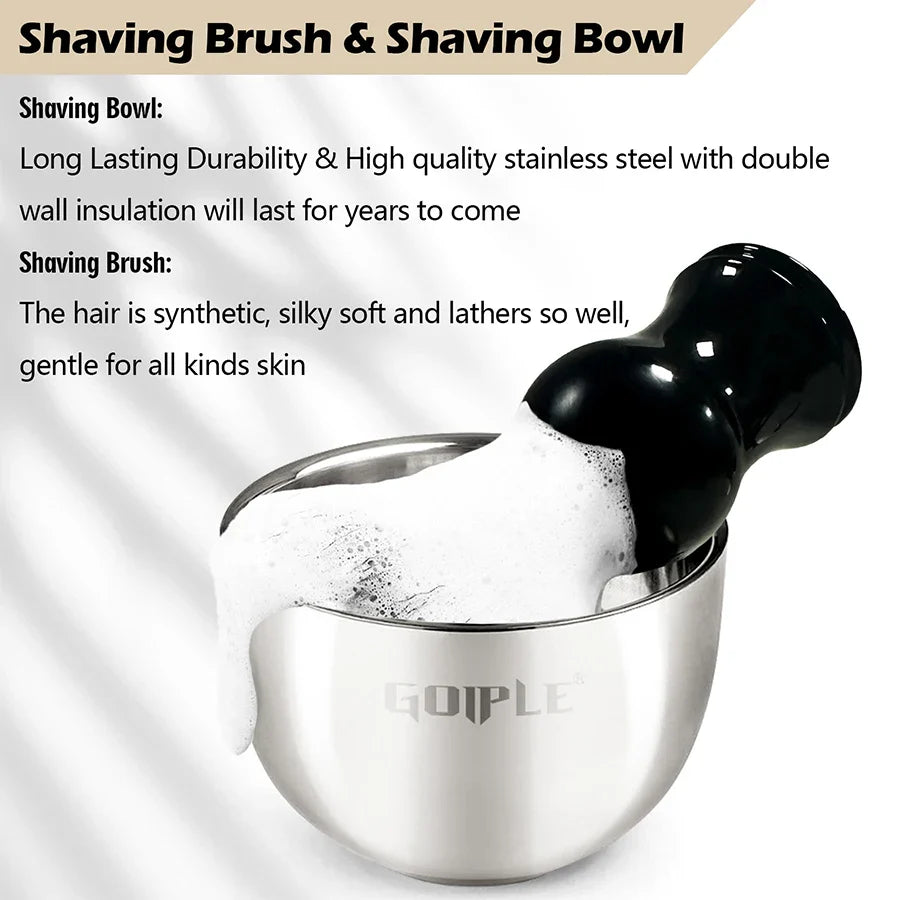 GOIPLE Shaving Cream for Men – Stainless Steel Foaming Bowl & Shaving Brush, Men’s Facial Cleansing Product for Manual Shave