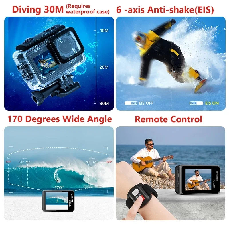 AUSEK S81TRW 5K Action Camera – 4K60FPS, 48MP, EIS, 5X Zoom, 1080P Webcam, Wi-Fi Vlog Sports Cam with Remote & Optional Filters
