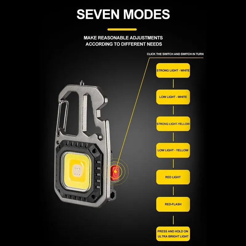 Rechargeable LED Keychain Flashlight - Mini Portable Pocket Work Light, Outdoor Camping Tool with Wrench, Screwdriver, and Safety Hammer