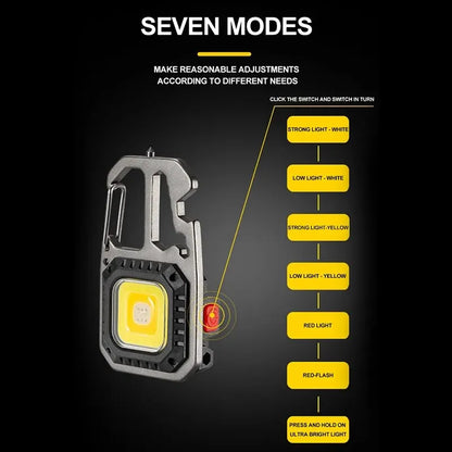 Rechargeable LED Keychain Flashlight - Mini Portable Pocket Work Light, Outdoor Camping Tool with Wrench, Screwdriver, and Safety Hammer