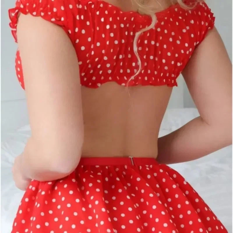 Women’s Polka Dot Off Shoulder Lingerie Set – Sexy Puffy Mini Skirt with Garter Straps