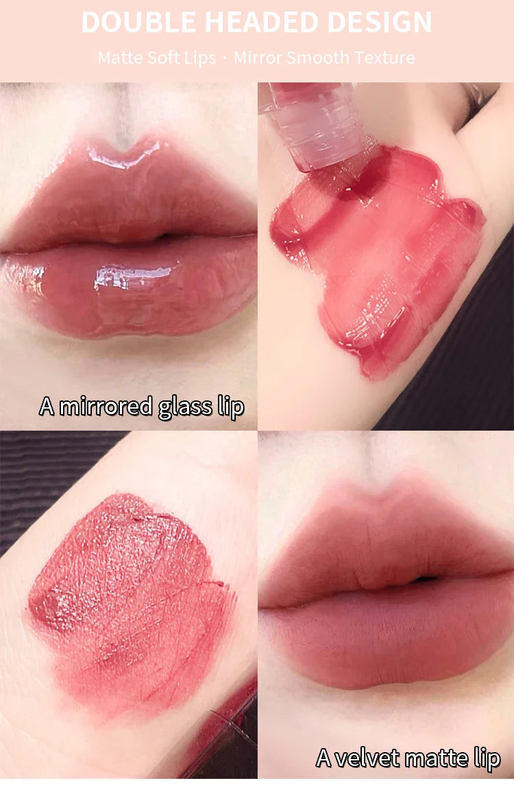 Double-End Lip Glaze – Glossy Mirror & Matte Velvet, Long-Lasting Color & Moisture, Anti-Stain Lip Gloss Cosmetic