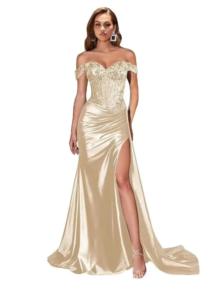 Women’s Dark Navy Off-Shoulder Prom Dress — Sweetheart Beaded Lace Corset Evening Gown with High Side Slit 2025