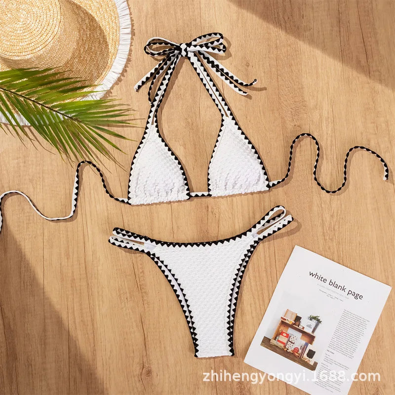 White 2-Piece Strapless Swimwear – Sexy Bandeau Backless Lace-Up Patchwork Bikini Set for Women, 2025 New