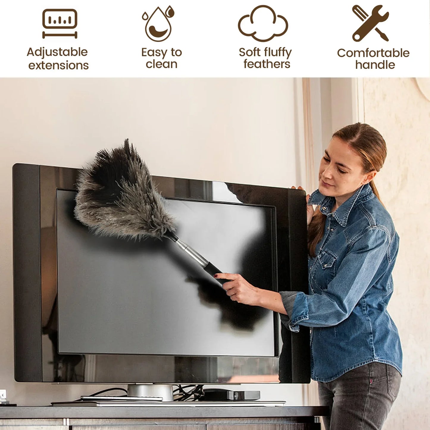 Extendable Ostrich Feather Duster – Long Stainless Steel Handle for Household Furniture Dust Cleaning