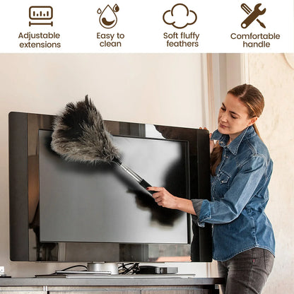 Extendable Ostrich Feather Duster – Long Stainless Steel Handle for Household Furniture Dust Cleaning