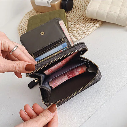 Women’s Small PU Leather Zipper Wallet with Coin Purse – Cute Plaid Mini Korean Card Holder, New Arrival