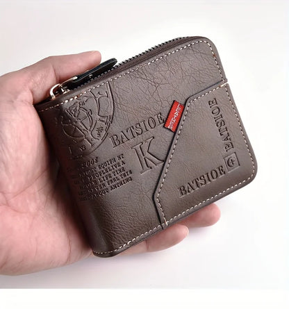 Men’s PU Leather Wallet – Wax Oil Skin Short Purse with Zipper, Coin Pocket & Card Holder