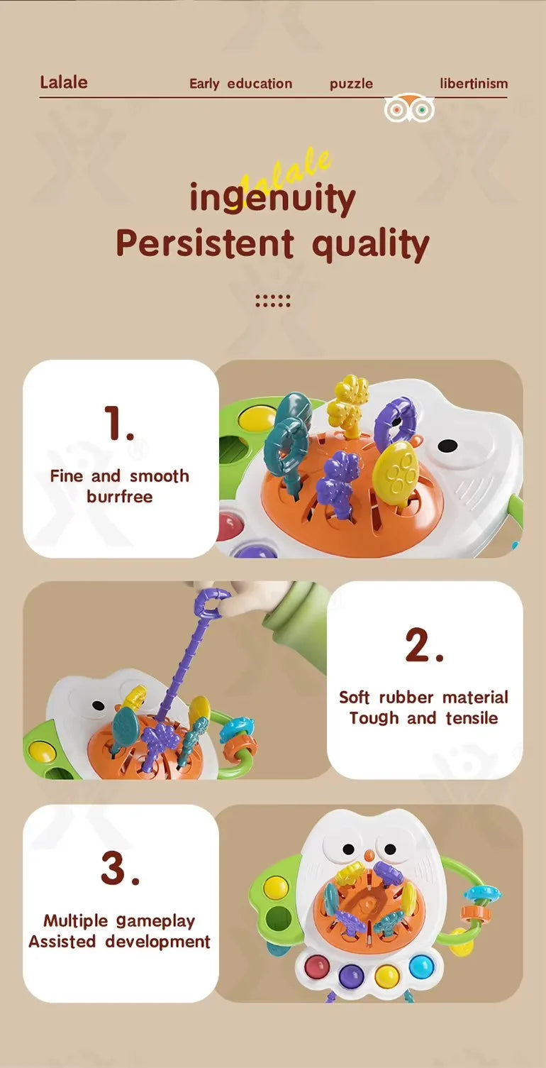 Baby Pull String Sensory Toy - Silicone Teething Rattle Montessori Learning Toy for 6-12 Months