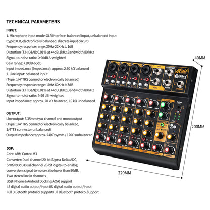 Debra Mini6 6-Channel Metal Audio Mixer Interface with Bluetooth & Delay Repeat Effect – OTG Sound Mixing Console for PC Recording