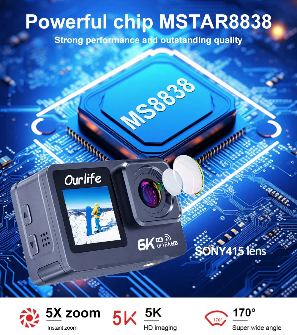 6K 4K60FPS Action Camera – 50MP Dual Screen, 2.0" Touch LCD, EIS, WiFi, 170° Lens, 30M Waterproof, 5X Zoom with Remote