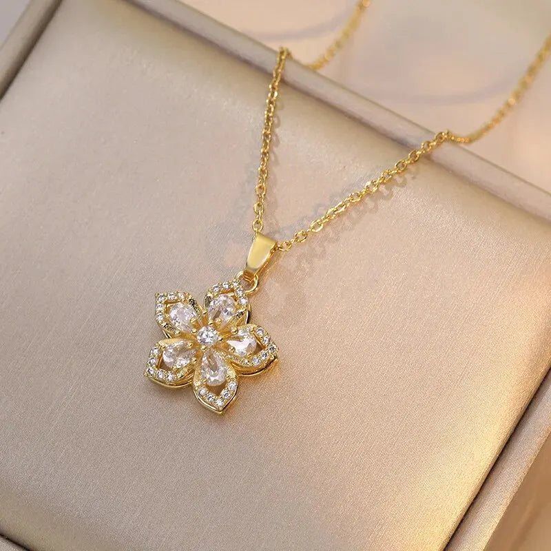 Light Luxury Gold Zircon Flower Pendant Necklace for Women – Elegant Spin Design High-End Party Jewelry Gift Chain Necklace