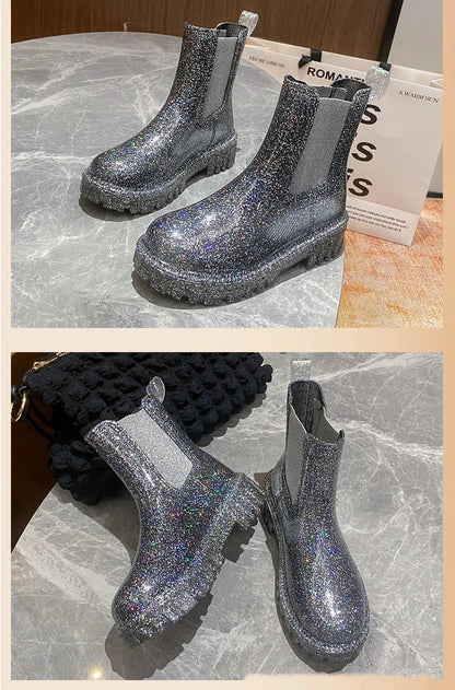 Women’s Shiny Color Fashion Rain Boots – Four-Season Waterproof Mid-Tube Ankle Outdoor Shoes