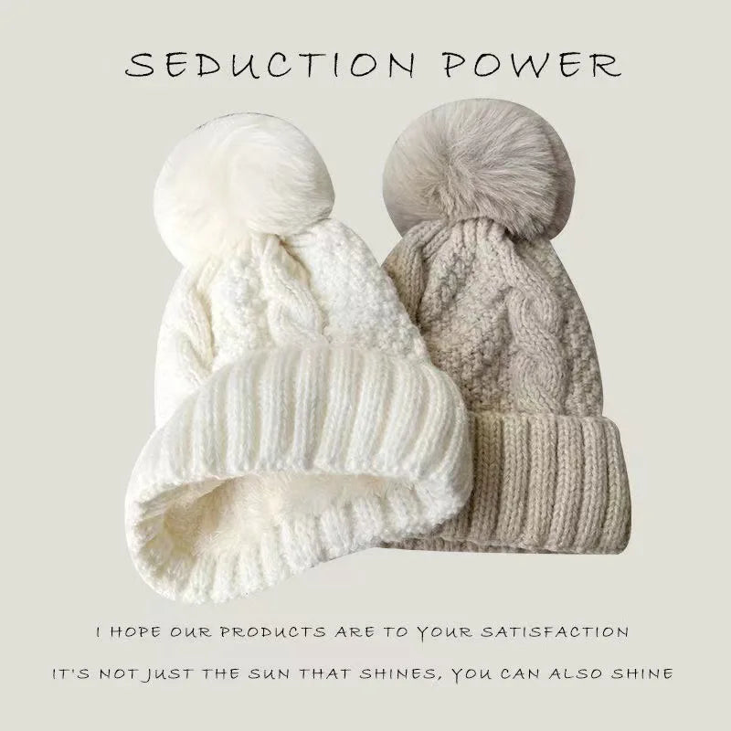 New Women’s Winter Twist Knit Hat – Thick Plush Beanie with Fur Pompom, Solid Color Ski Snow Skullies