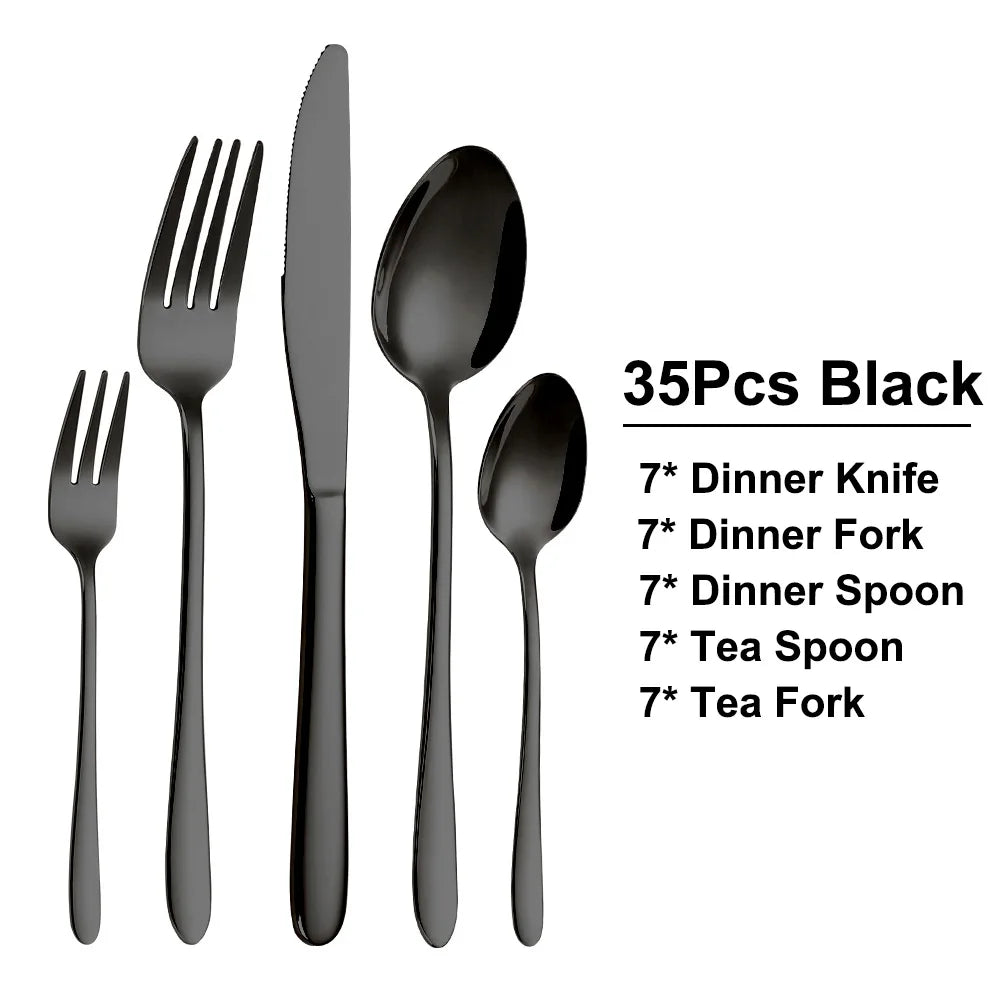 30/35/40-Piece Western Tableware Set – Elegant Black Stainless Steel Cutlery with Mirror Finish, Knife, Fork, Spoon for Kitchen and Dining