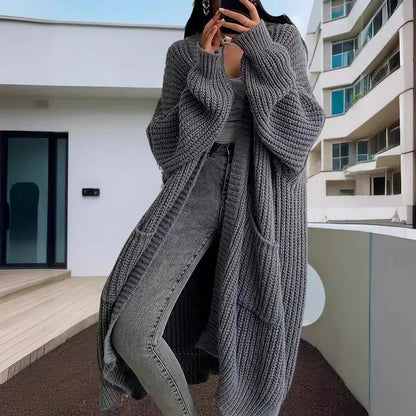 Solid Color Casual Knit Sweater Long Cardigan Coat – Women's Autumn & Winter Lazy Loose Knitwear Coat with Pockets, Y2K Style