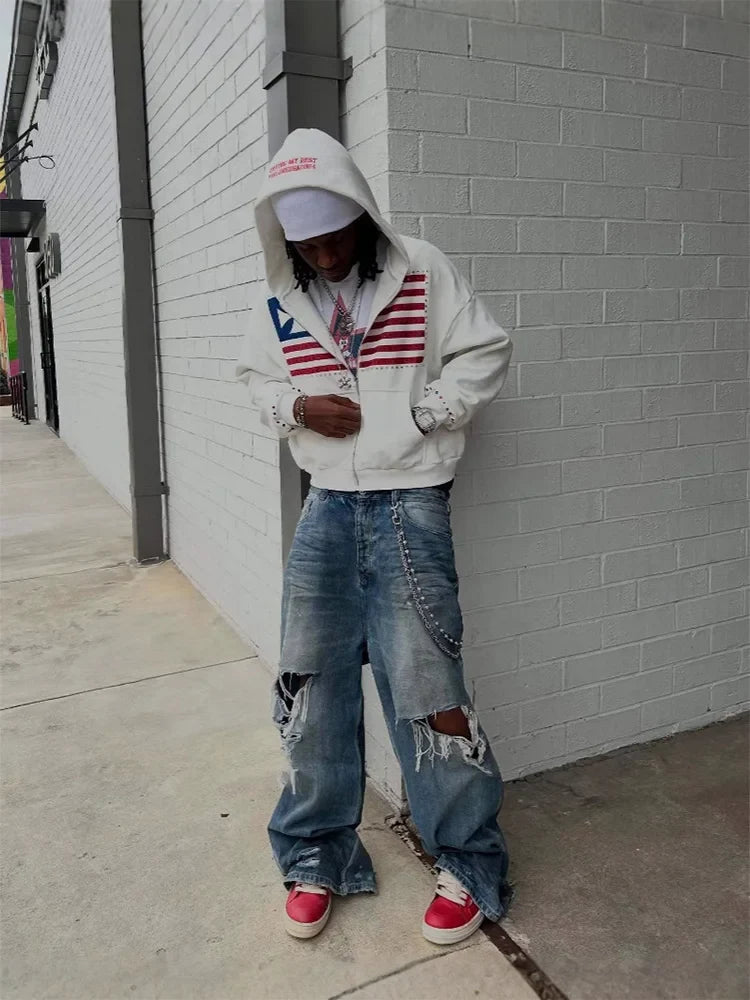 Color Block Flag Hoodie - Men's Y2K Harajuku Loose Fit Zipper Sweatshirt