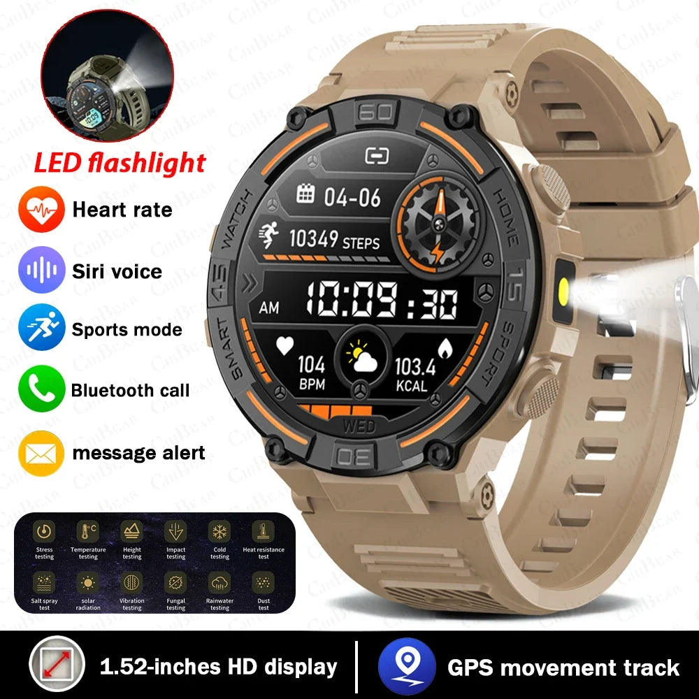 Military Smartwatch for Men – 360x360 HD Screen, Flashlight, Heart Rate, Health Monitor, Waterproof, BT Call for Android & iOS