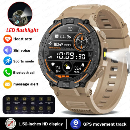Military Smartwatch for Men – 360x360 HD Screen, Flashlight, Heart Rate, Health Monitor, Waterproof, BT Call for Android & iOS