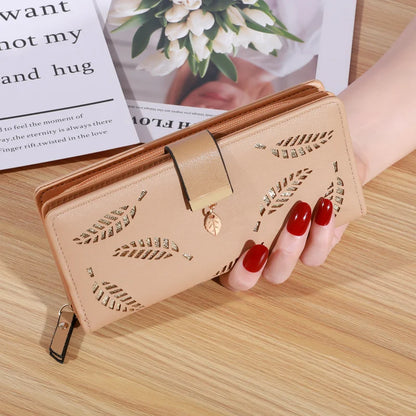 Women’s Long PU Leather Wallet – Gold Hollow Leaf Design Clutch Purse with Coin Pocket & Card Holders