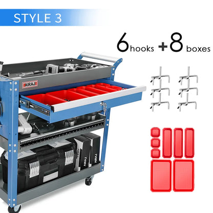 AIRAJ 3-Tier Rolling Tool Cart on Wheels - 440 lbs Capacity Storage for Garage & Warehouse, Available in Blue/Black/Red