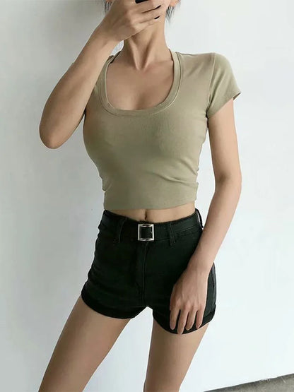 Women’s U-Neck Crop Top – Solid Color High Waist Slim Fit Short Sleeve Casual Streetwear T-Shirt
