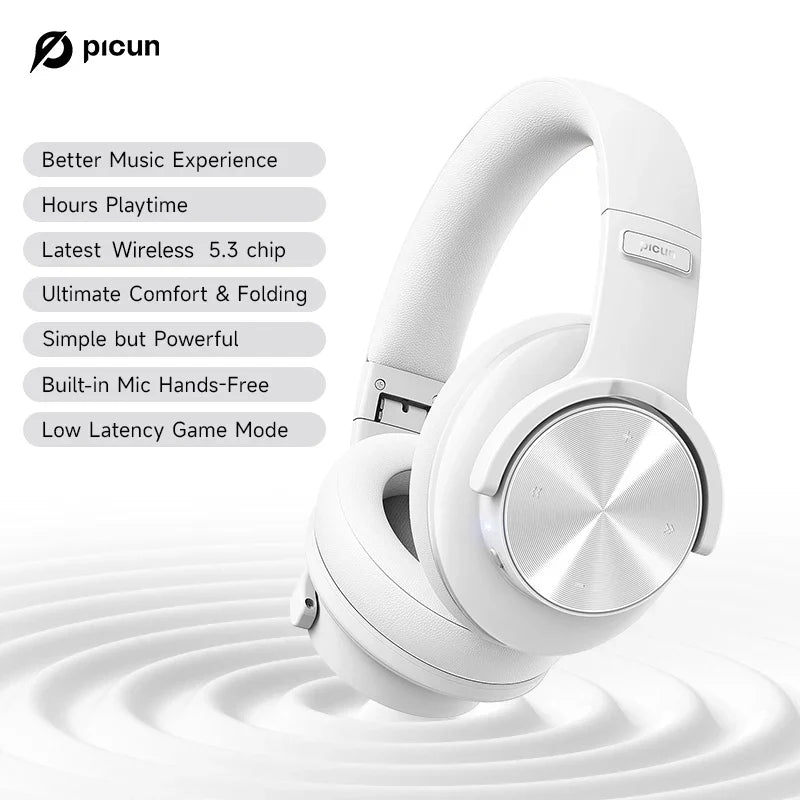 Picun B8 Bluetooth Headphones - 120H Playtime, Wireless Over-Ear Headset, 3EQ Mode, Low Latency, Hands-Free Calls