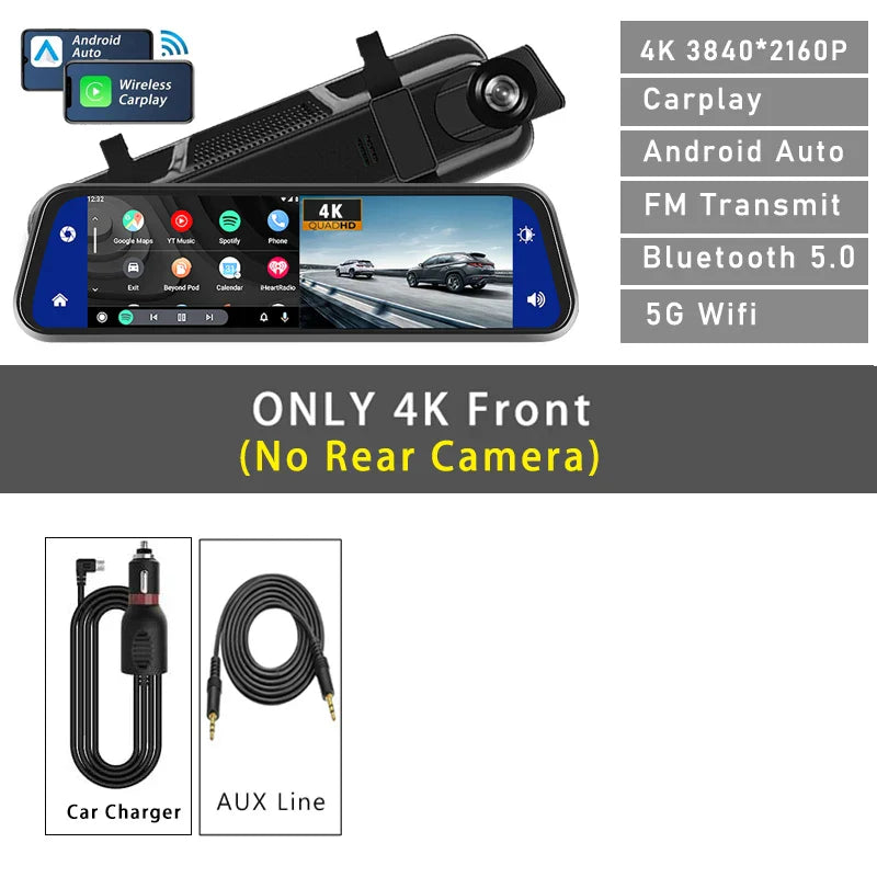 10" 4K Dash Cam Car DVR – 3840x2160P, CarPlay, Android Auto, GPS, 5G WiFi, AUX, Rearview Mirror Dash Camera, FM Recorder