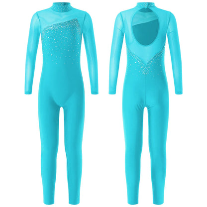 Kids Girls Long Sleeve Rhinestone Bodysuit — Full Body Dancewear Gymnastics Leotard Skating Jumpsuit
