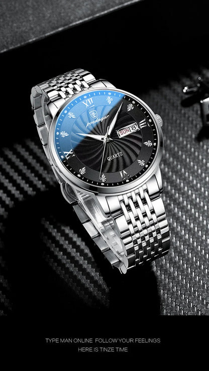 POEDAGAR Luxury Men's Watch — Waterproof Luminous Quartz Wristwatch with Date & Week, Stainless Steel Sports Fashion