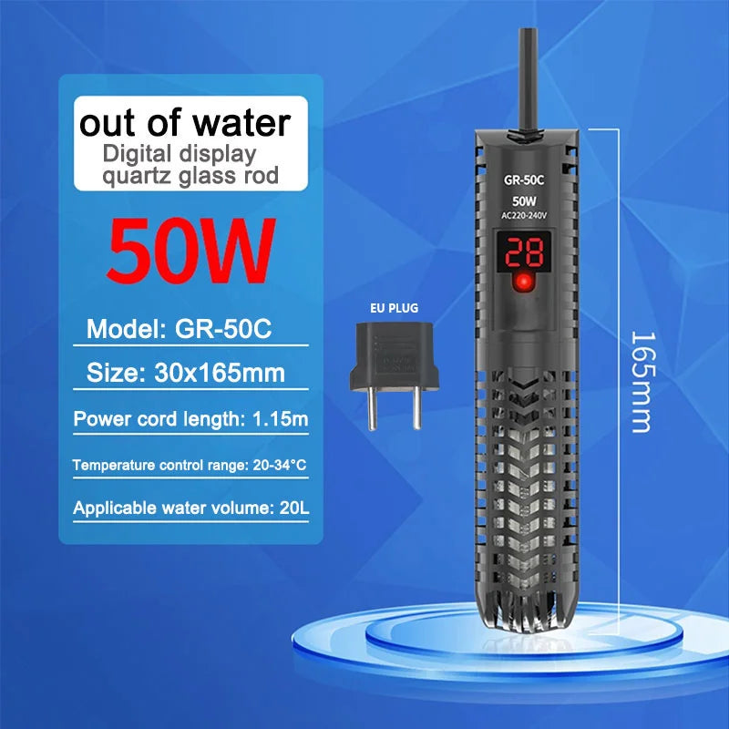 25W-300W Fish Tank Aquarium Heating Rod - Quartz Glass with Digital Display & Automatic Thermostat for Aquariums