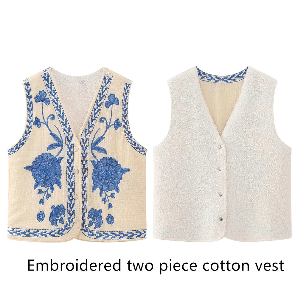 KEYANKETIAN Women's Vintage Floral Embroidered Open Waistcoat – National Style Vest Jacket, Casual Vacation Crop Top