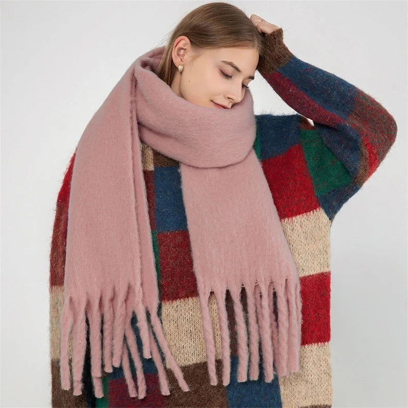 Luxury Cashmere Scarf for Women - Thickened Warm Shawl with Classic Tassels, Soft Solid Color Wrap for Autumn and Winter