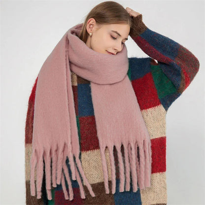 Luxury Cashmere Scarf for Women - Thickened Warm Shawl with Classic Tassels, Soft Solid Color Wrap for Autumn and Winter