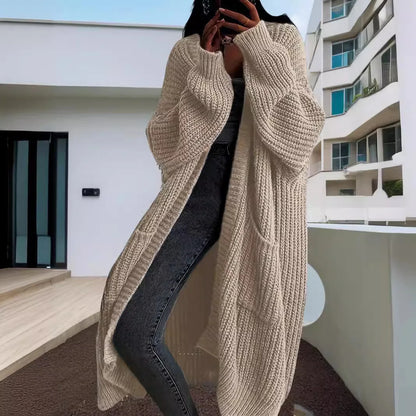 Solid Color Casual Knit Sweater Long Cardigan Coat – Women's Autumn & Winter Lazy Loose Knitwear Coat with Pockets, Y2K Style