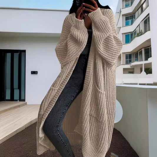 Solid Color Casual Knit Sweater Long Cardigan Coat – Women's Autumn & Winter Lazy Loose Knitwear Coat with Pockets, Y2K Style
