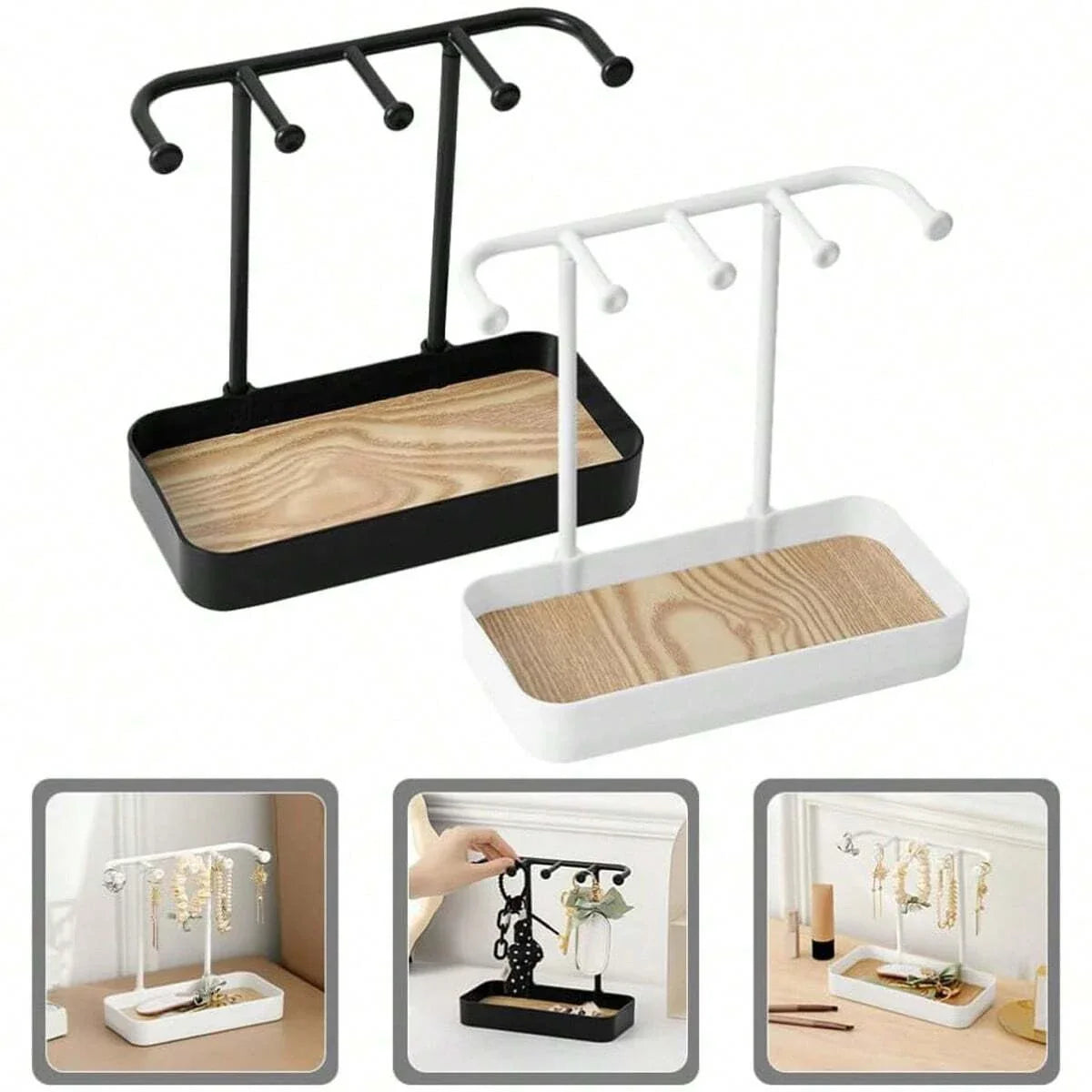 Bedroom Desktop Jewelry Storage Holder | Earrings and Necklaces Rack with Wooden Base | Bracelet Hanging Organizer