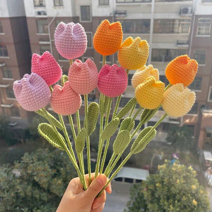 Tulip & Sunflower Knitting Flower Bouquet – Handcrafted Crochet Carnations, DIY Handmade Fake Flowers for Decor