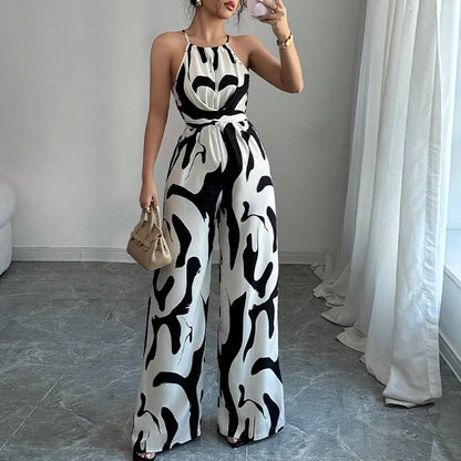Summer Geometric Print Halter Neck Women’s Jumpsuit – Sexy Casual Party Romper Outfit for Women