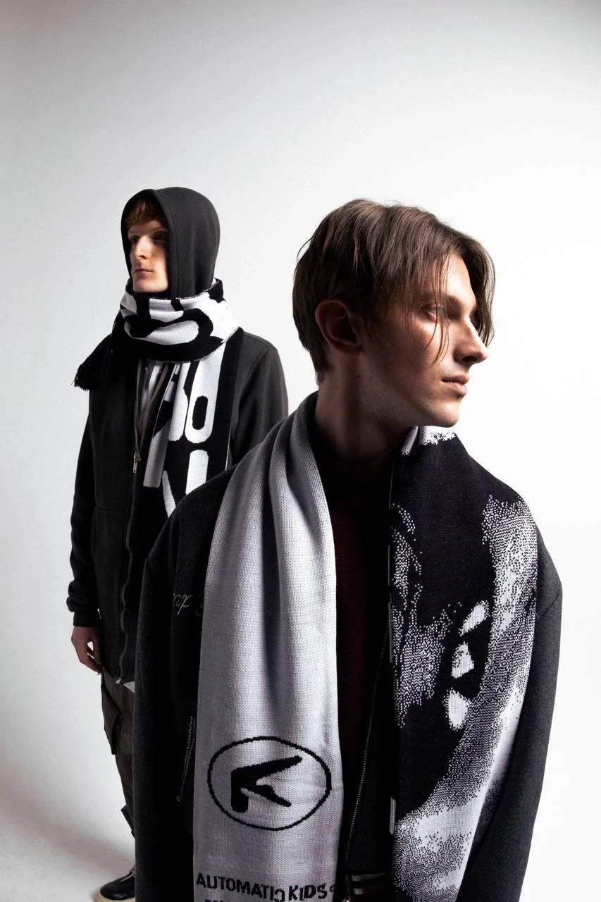 Men’s Y2K Black Knitted Scarf — Aphex Twin Goth Harajuku Streetwear Winter Shawl Unisex
