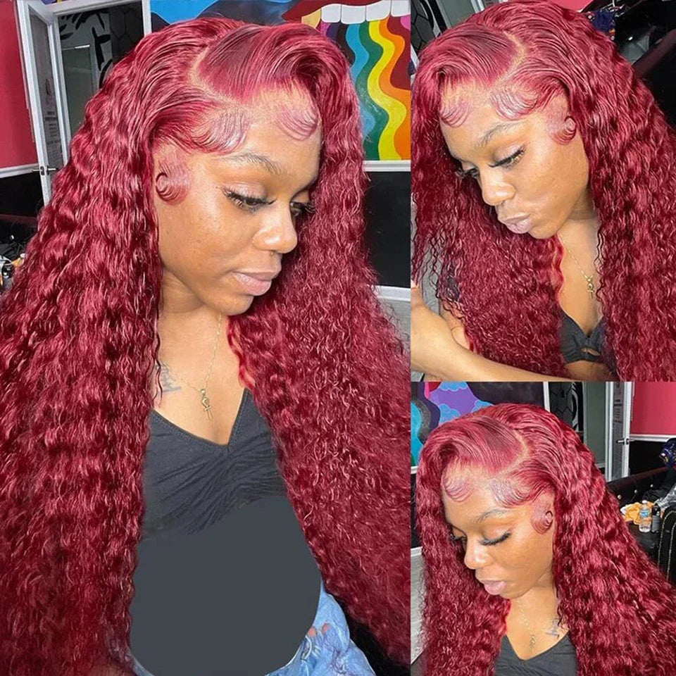 13x4/13x6 Burgundy Deep Wave Frontal Wig – HD Colored 99J Red Curly Human Hair Lace Front for Black Women