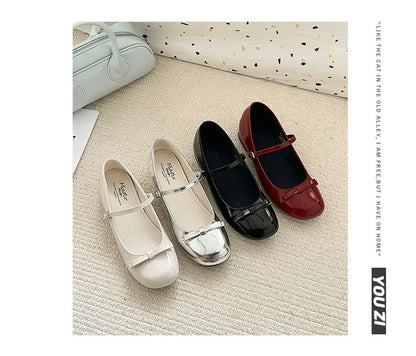 Spring Autumn Wine Red Mary Jane Shoes – Women’s Low Heel Leather Flats with Butterfly Knot & Round Toe