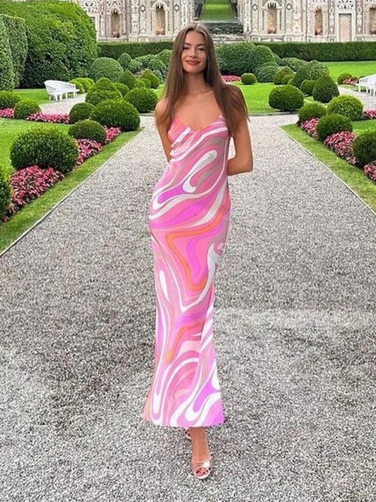 Women’s Striped Rainbow Spaghetti Strap Dress – Sleeveless Backless V-Neck Split Beach Dress, 2025 Summer Party Chic Robe