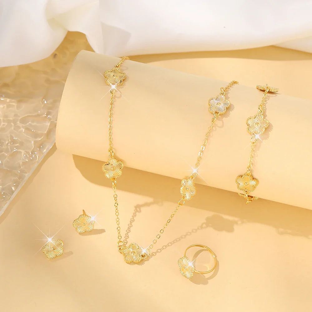 Lucky Five-Petal Flower & Clover Bracelet, Earrings, Necklace Set – Stylish Women's Party Jewelry Accessories