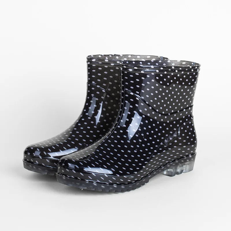 Women’s Black Polka Dot Rain Shoes – Waterproof, Non-Slip PVC Kitchen & Work Short Tube Boots for Summer