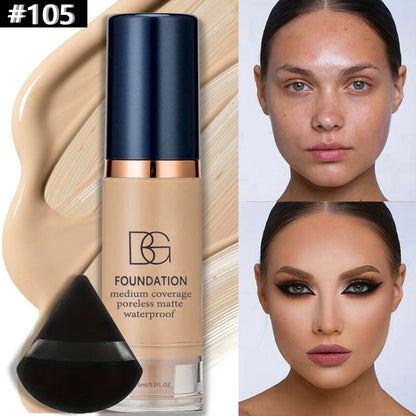 2PCS Waterproof Liquid Foundation Set - Matte Full Coverage Makeup with Black Triangle Powder Puff for Flawless Finish